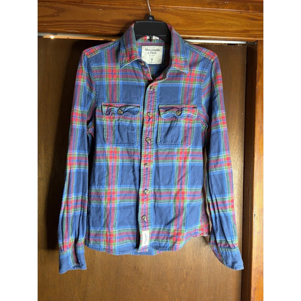 Abercrombie & Fitch Mens Muscle Y2K Flannel Shirt Red Blue Plaid Cotton Small